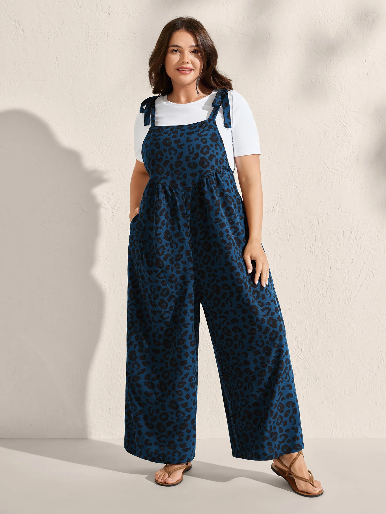 Leopard Print Pockets Shoulder Ties Jumpsuit - Image 8
