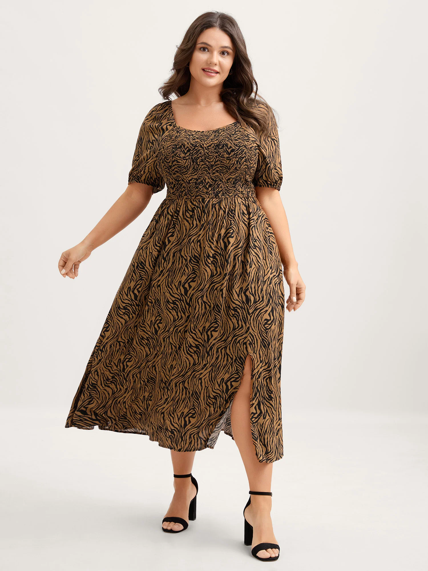 Leopard Print Shirred Split Hem Midi Dress - Image 2