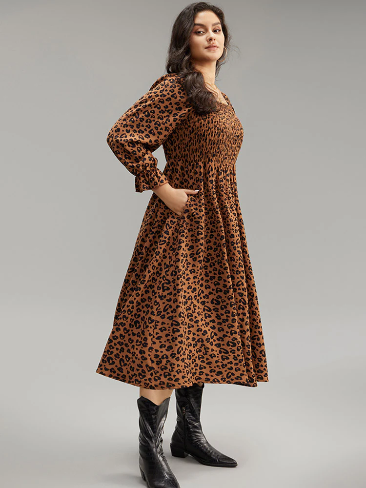 Leopard Print Shirred Square Neck Pocket Dress - Image 3
