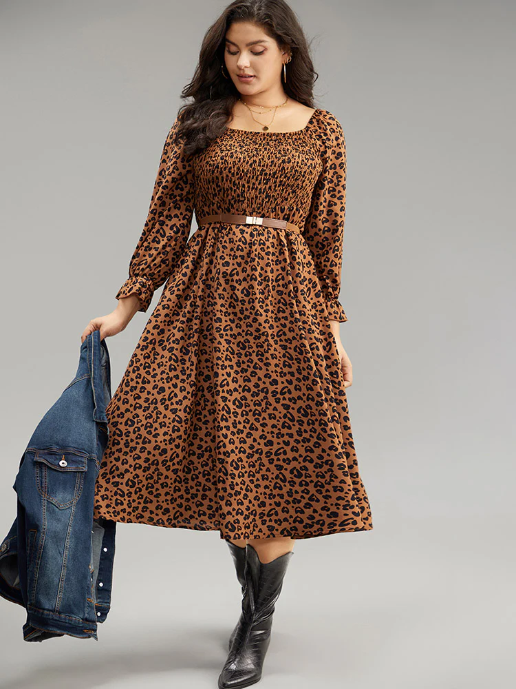 Leopard Print Shirred Square Neck Pocket Dress - Image 5