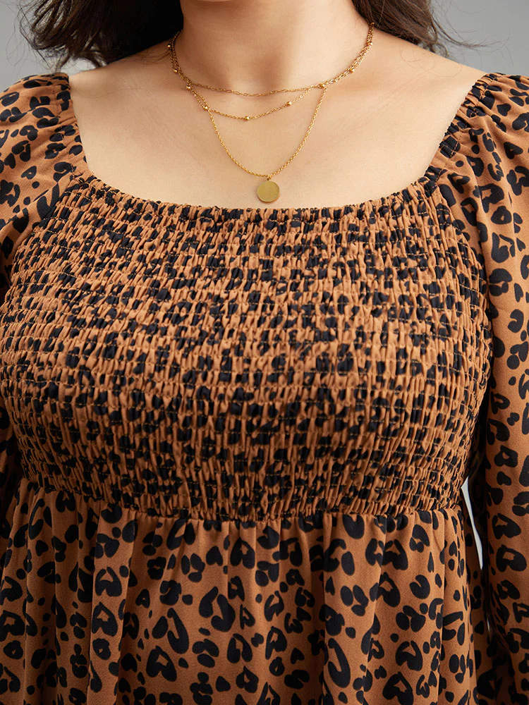 Leopard Print Shirred Square Neck Pocket Dress - Image 6