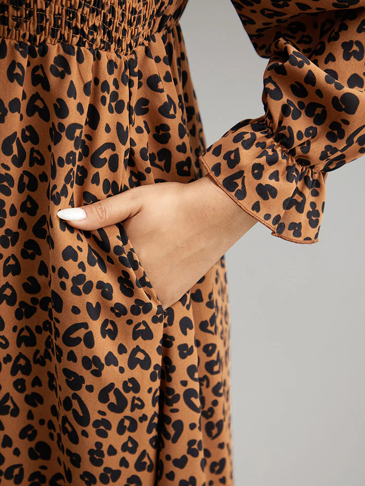 Leopard Print Shirred Square Neck Pocket Dress - Image 7