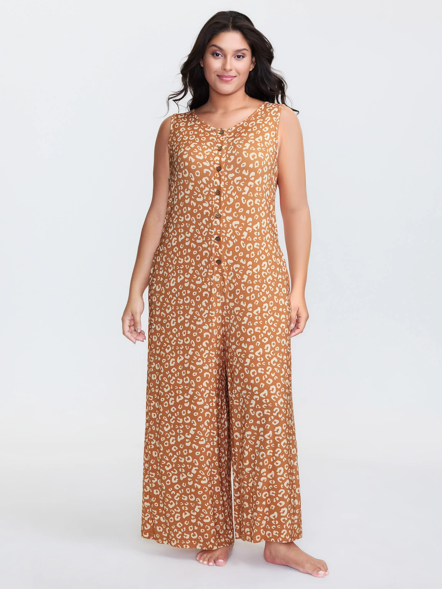 Leopard Print Sleeveless Button Front Lounge jumpsuit - Image 3