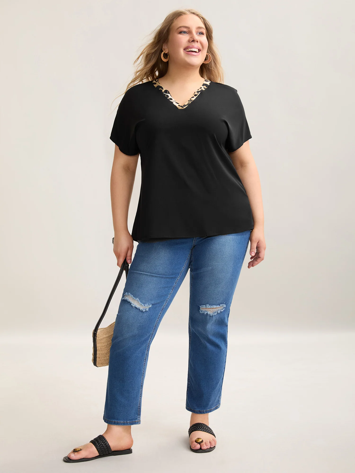 Leopard Print Spliced Plain Blouse - Image 3