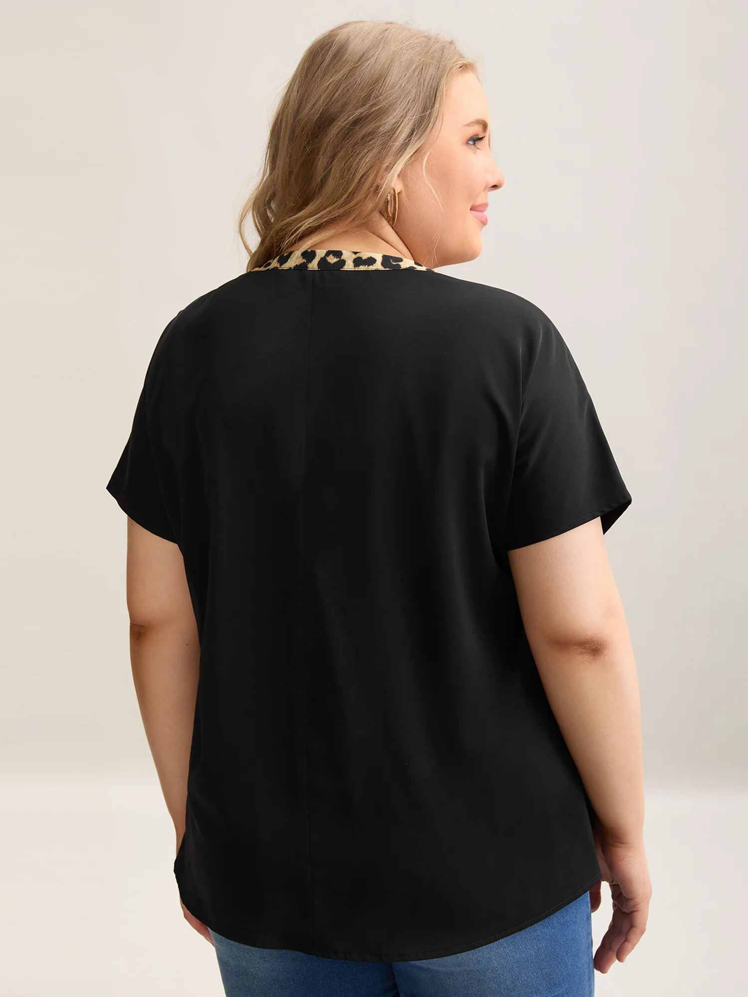 Leopard Print Spliced Plain Blouse - Image 4