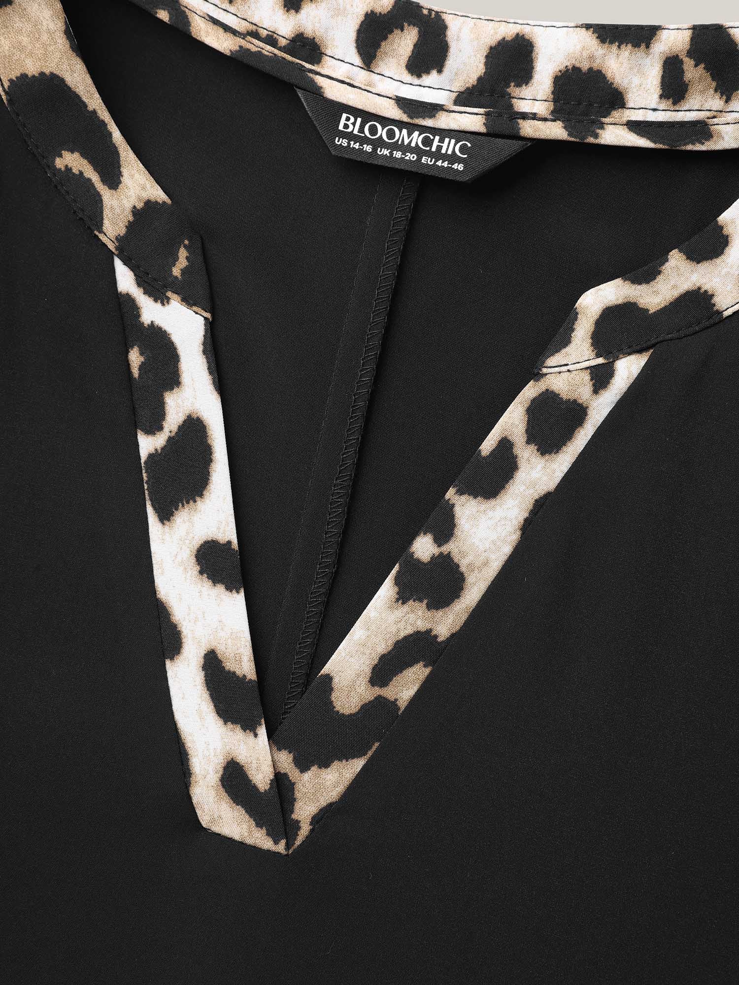 Leopard Print Spliced Plain Blouse - Image 5
