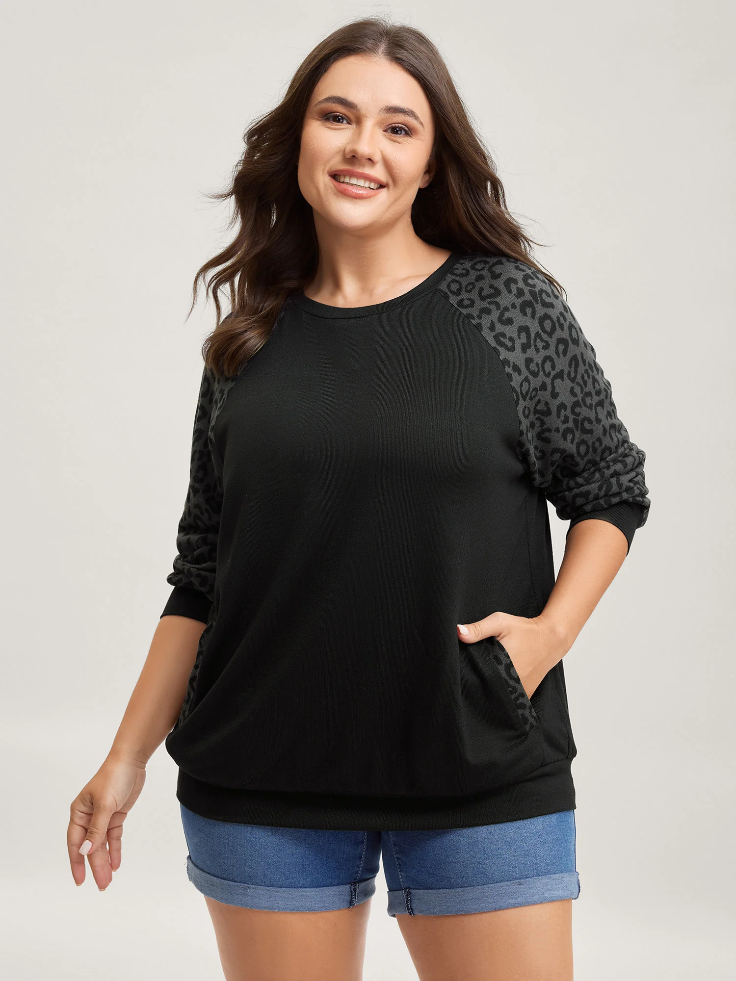 Leopard Print Spliced Pockets Sweatshirt