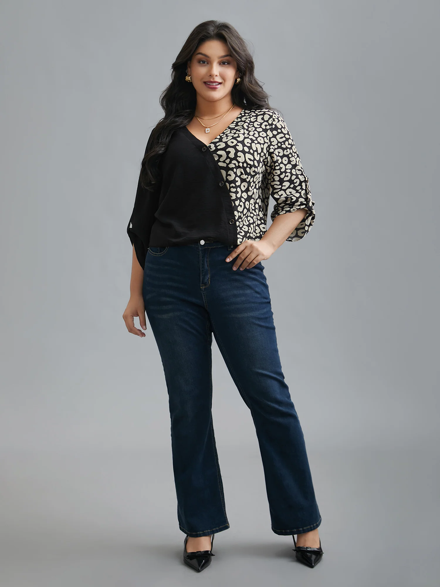 Leopard Print Spliced Tab Sleeve Blouse - Image 2