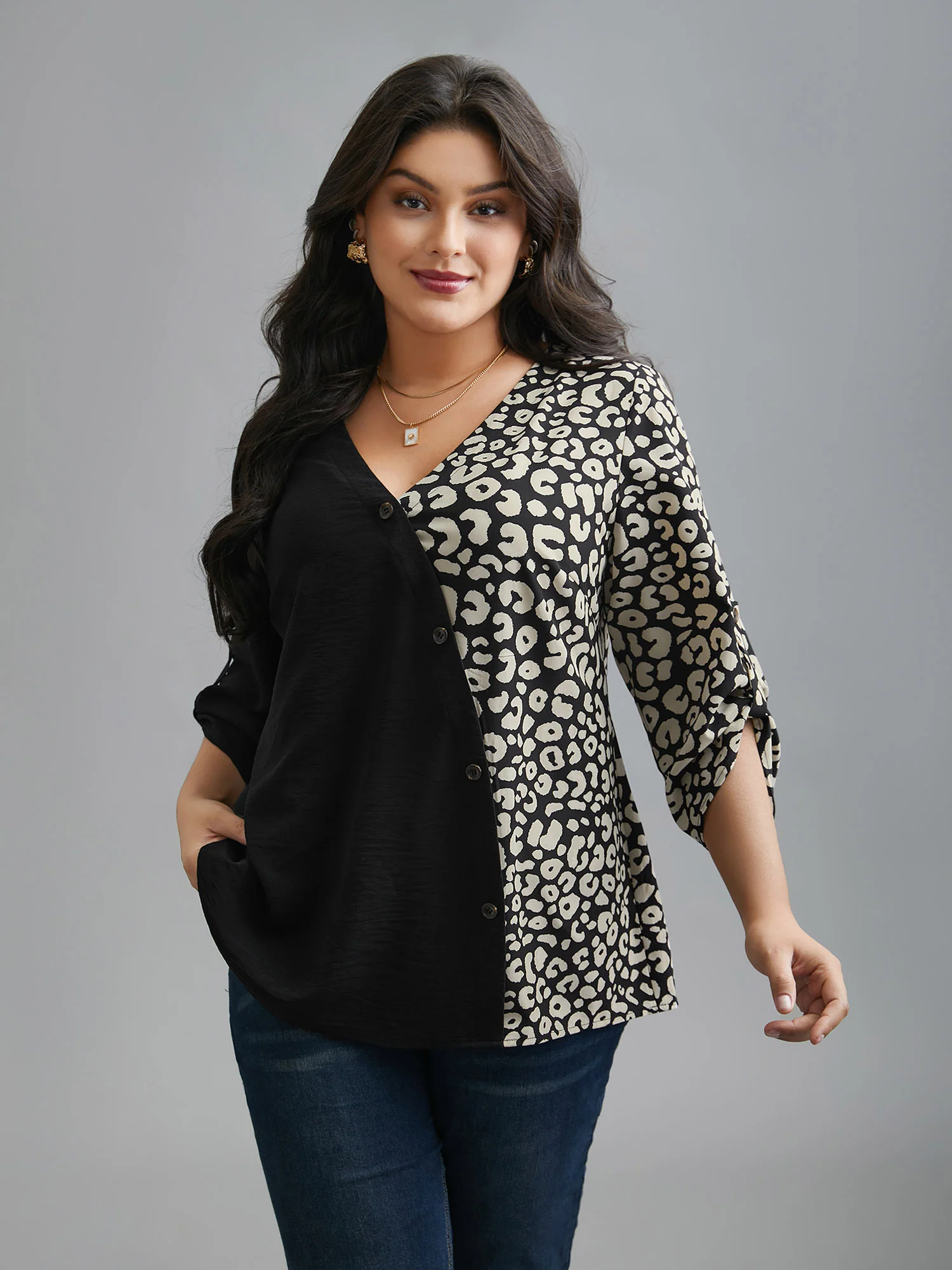 Leopard Print Spliced Tab Sleeve Blouse - Image 3