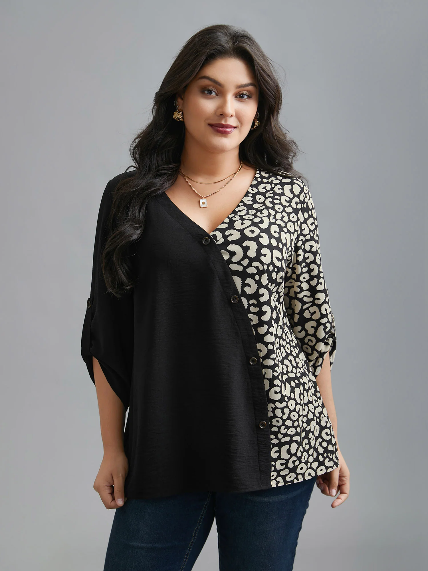 Leopard Print Spliced Tab Sleeve Blouse - Image 4