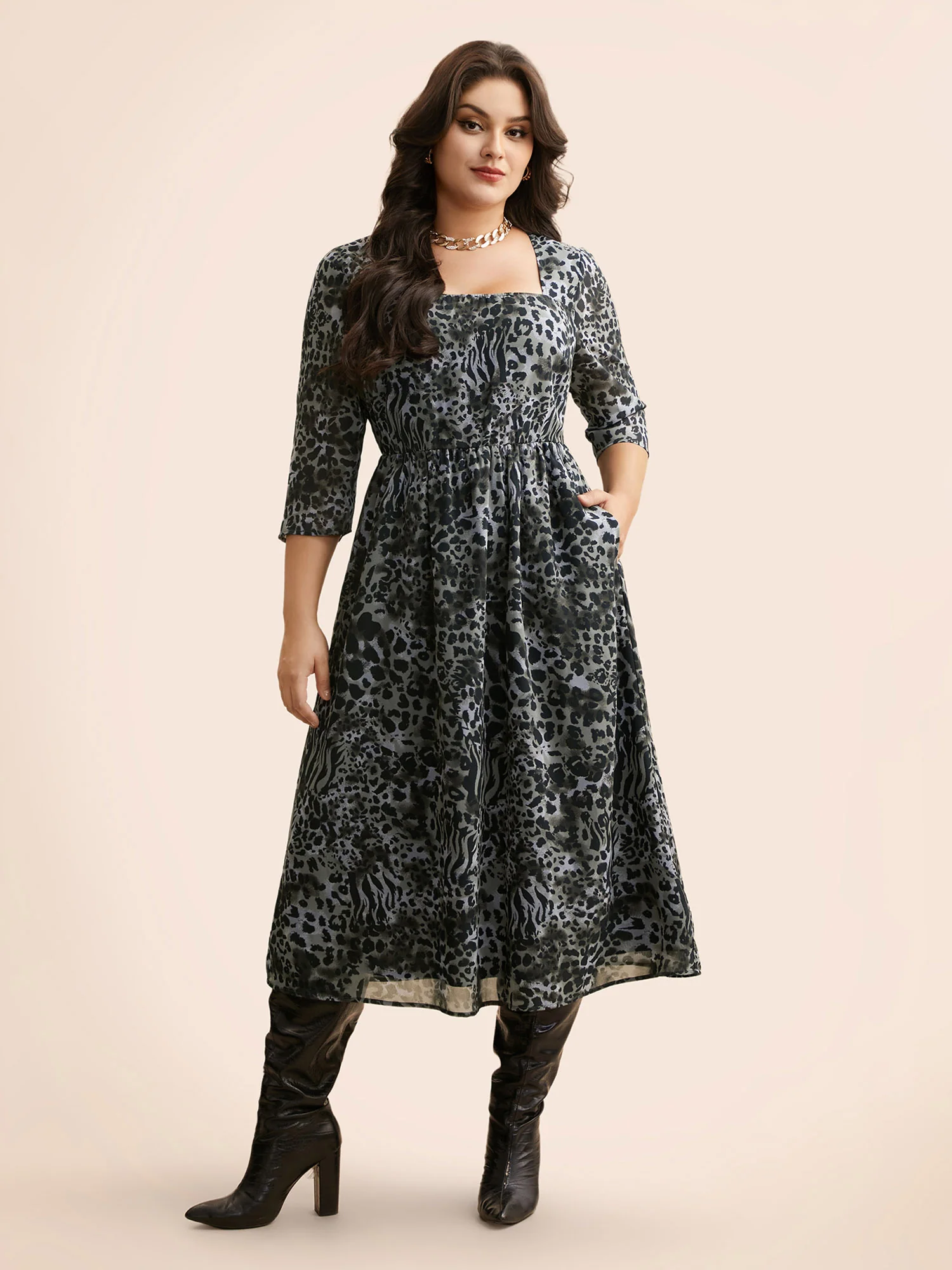 Leopard Print Square Neck Chiffon Dress - Image 3