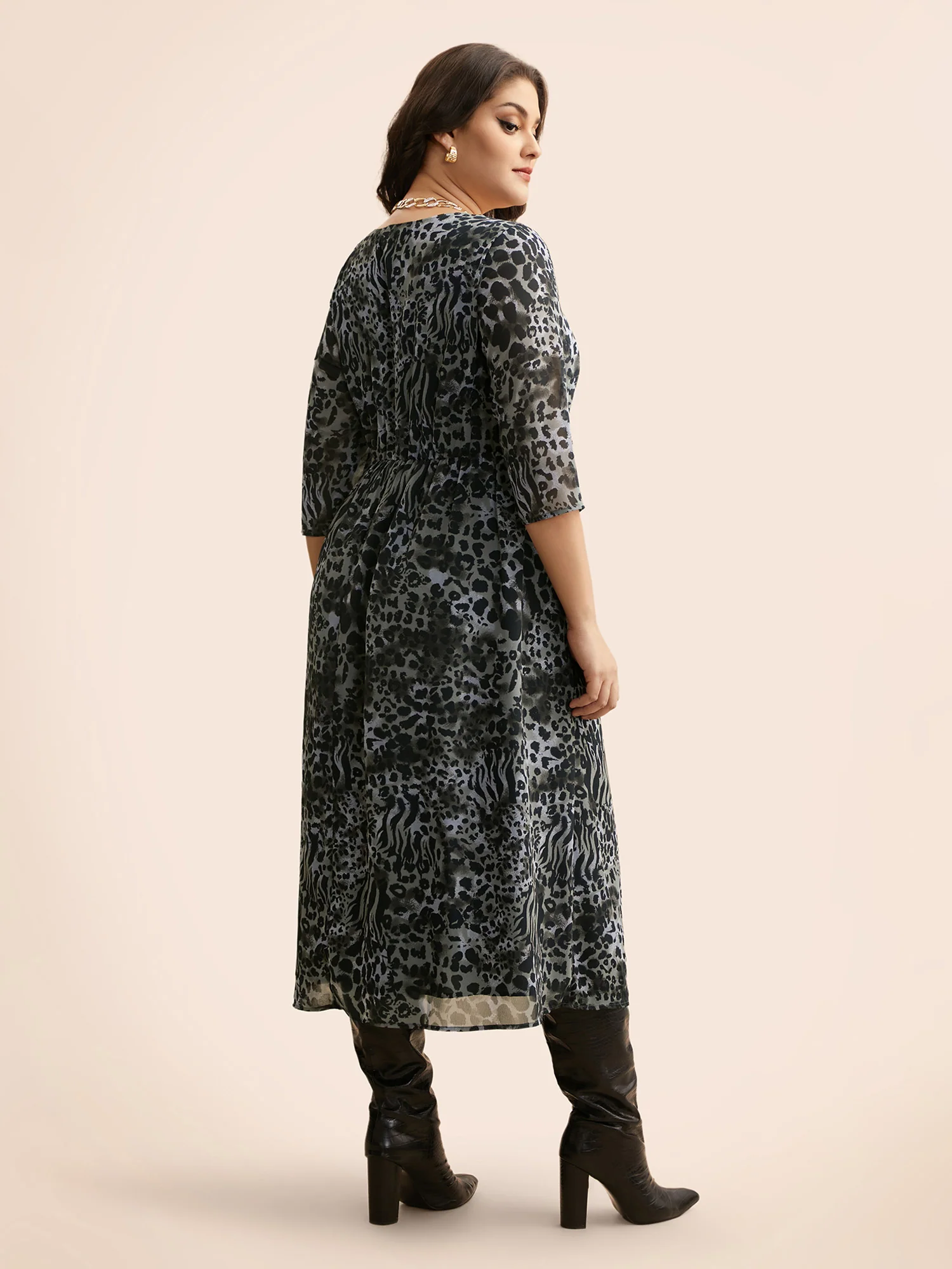 Leopard Print Square Neck Chiffon Dress - Image 4