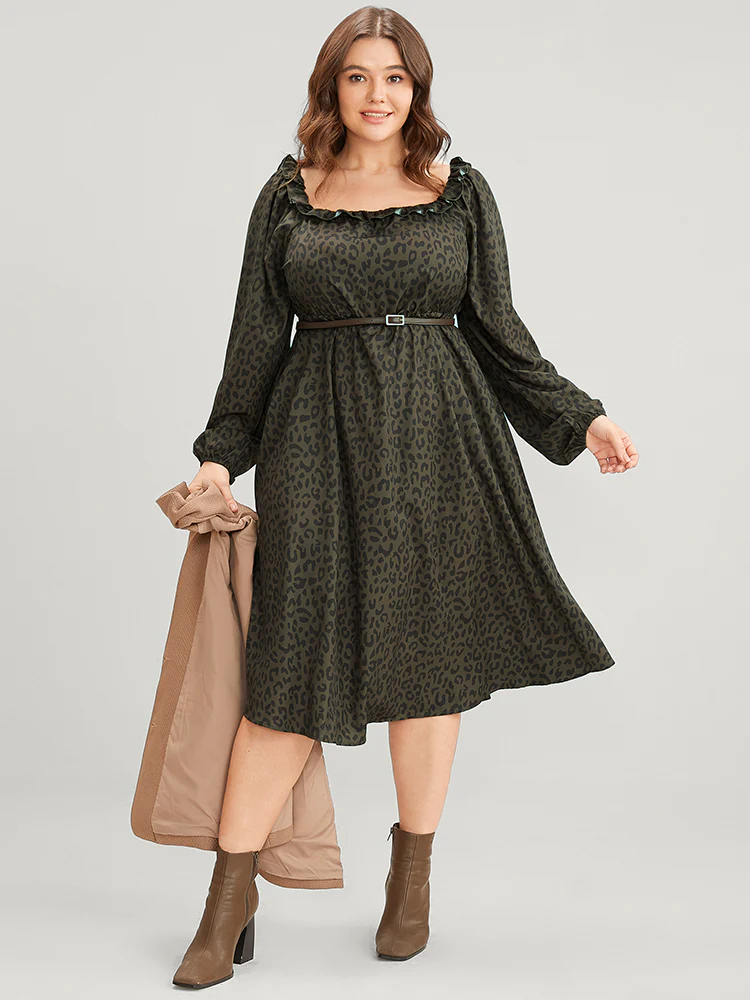 Leopard Print Square Neck Pocket Puff Sleeve Midi Dress - Image 2