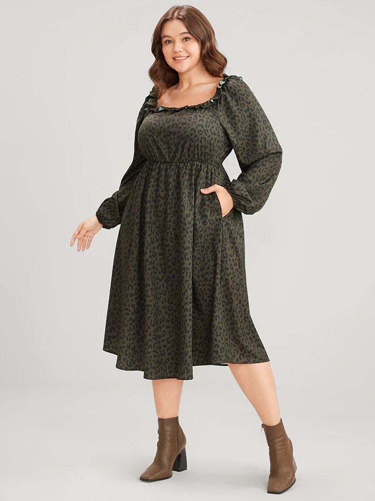 Leopard Print Square Neck Pocket Puff Sleeve Midi Dress - Image 3