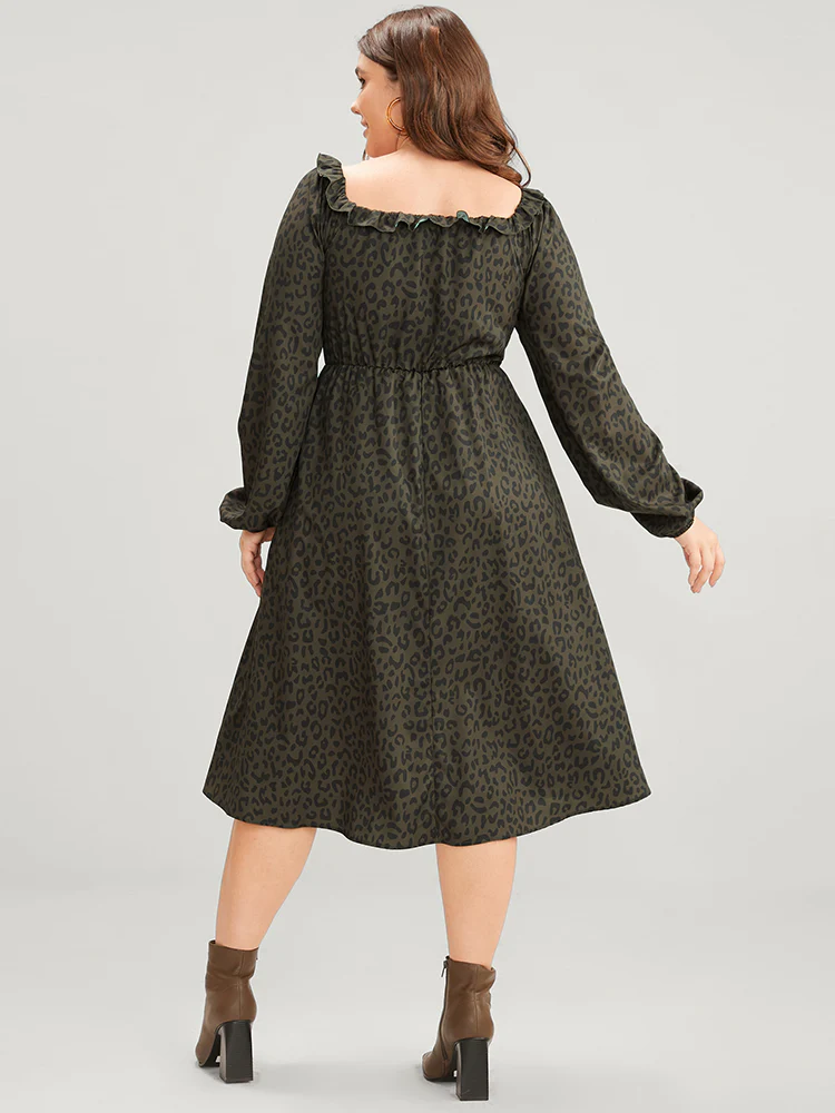 Leopard Print Square Neck Pocket Puff Sleeve Midi Dress - Image 4