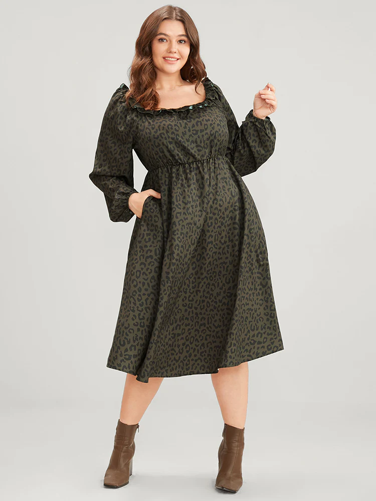 Leopard Print Square Neck Pocket Puff Sleeve Midi Dress - Image 5
