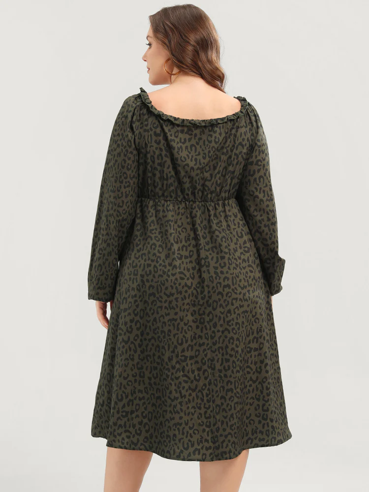 Leopard Print Square Neck Pocket Puff Sleeve Midi Dress - Image 6