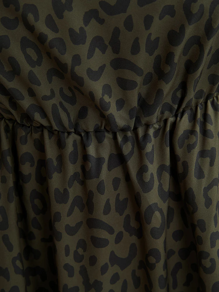 Leopard Print Square Neck Pocket Puff Sleeve Midi Dress - Image 7