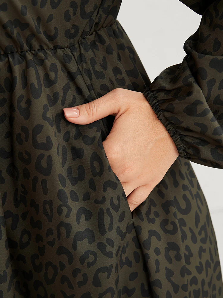 Leopard Print Square Neck Pocket Puff Sleeve Midi Dress - Image 8