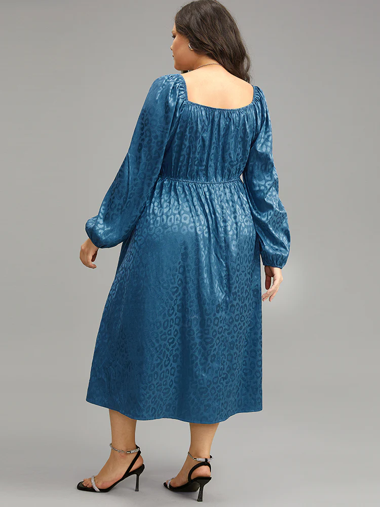 Leopard Print Square Neck Shirred Gathered Dress - Image 3