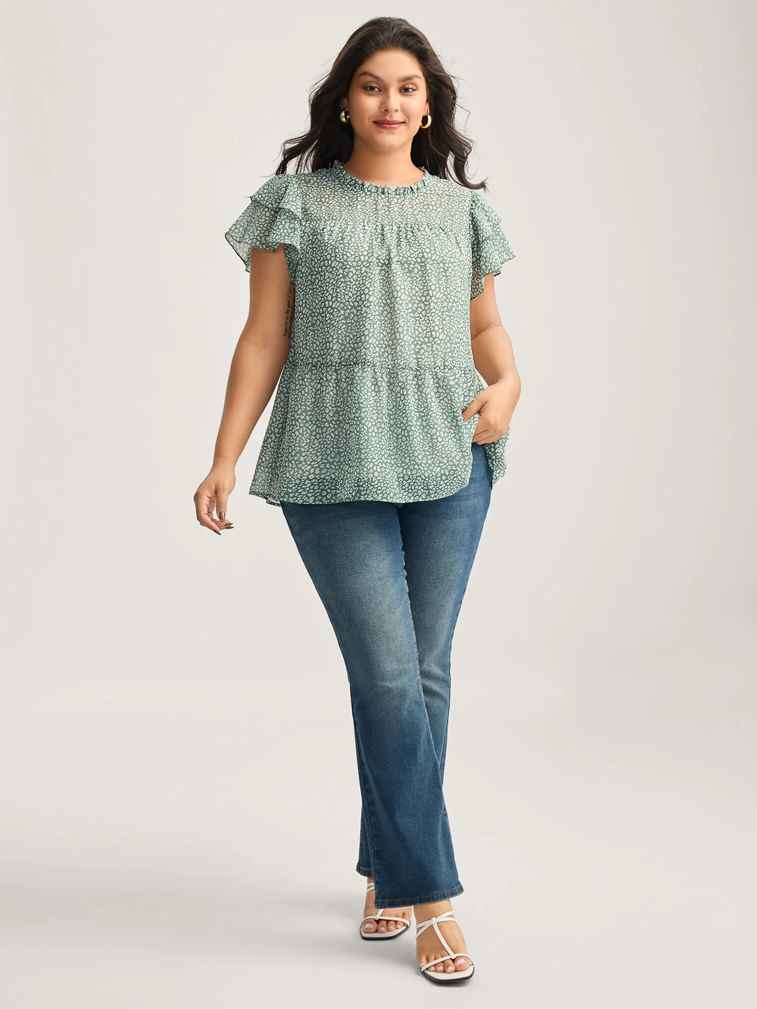 Leopard Print Stretchy Neck Flowy Blouse - Image 3