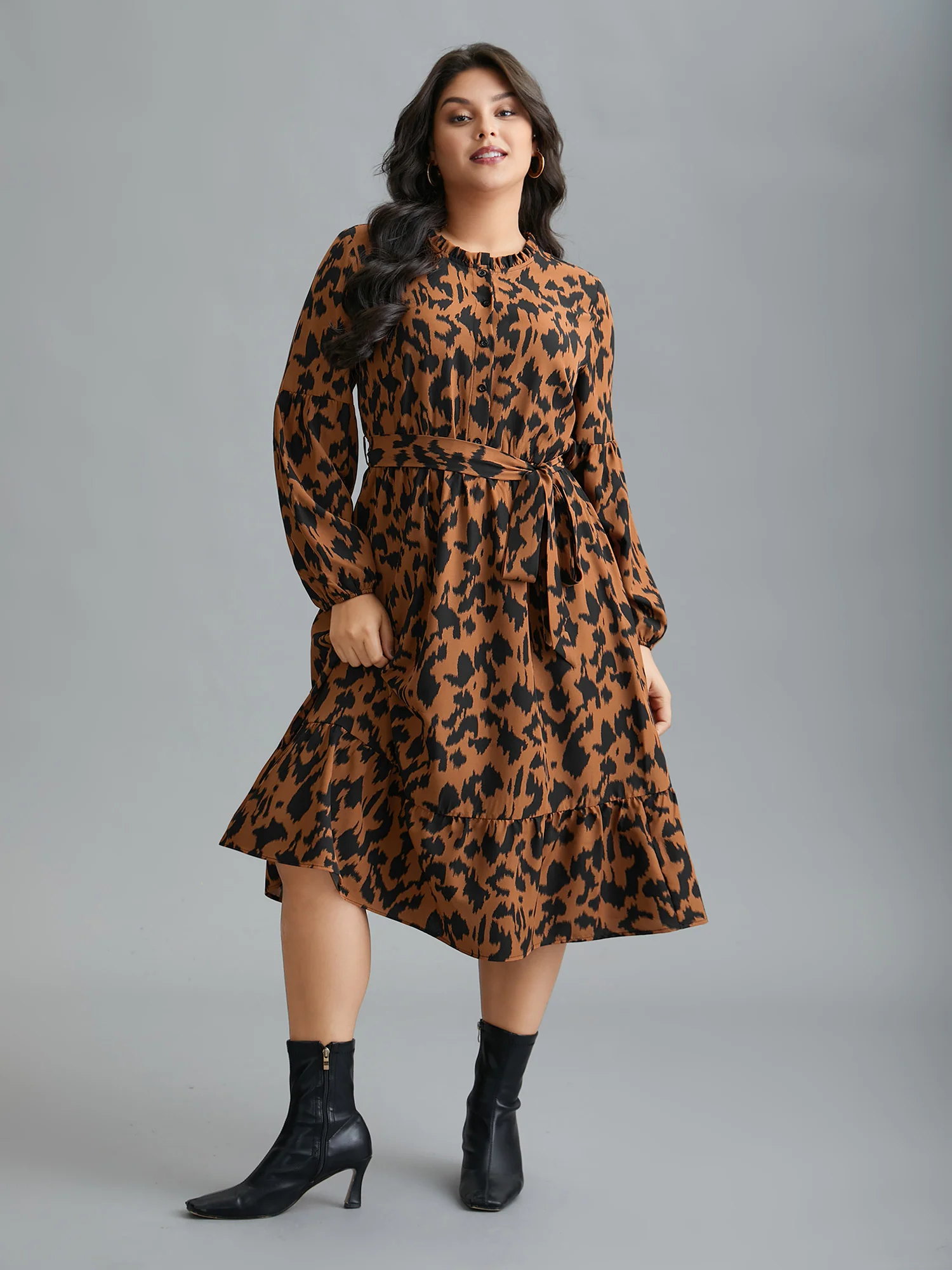Leopard Print Stretchy Waist Belted Dress - Image 2