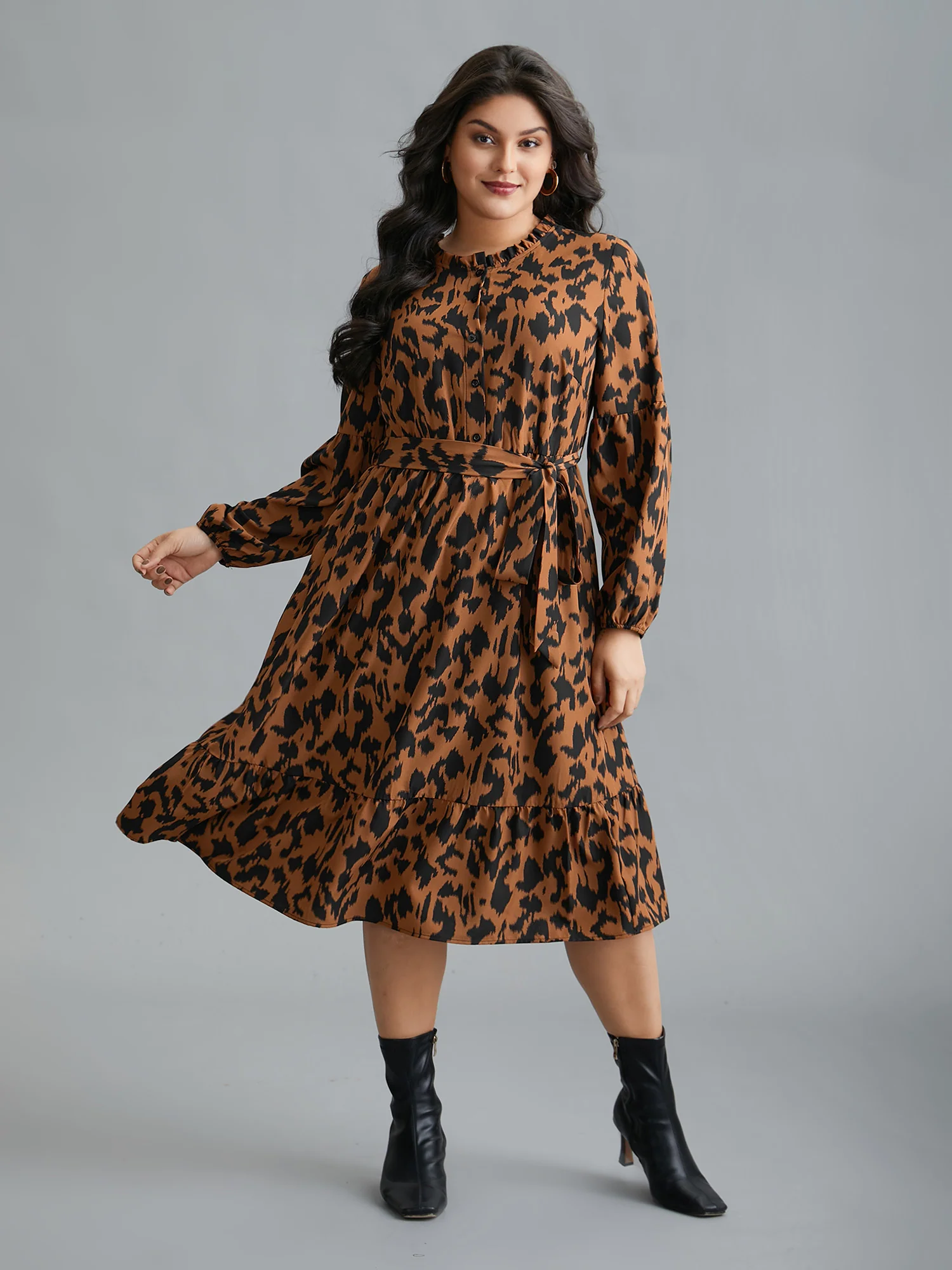 Leopard Print Stretchy Waist Belted Dress - Image 4