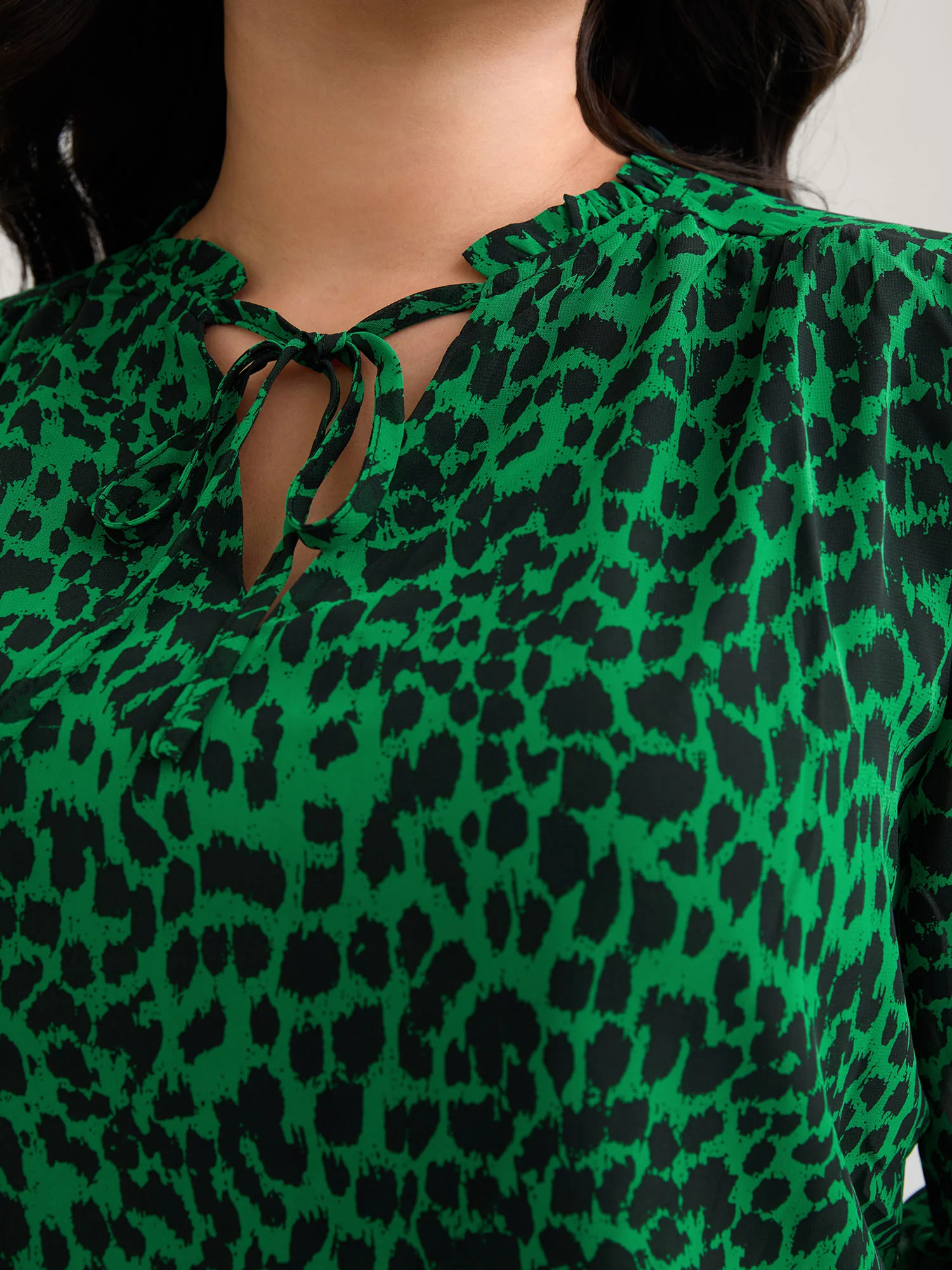 Leopard Print Tie Knot Lantern Sleeve Blouse - Image 2