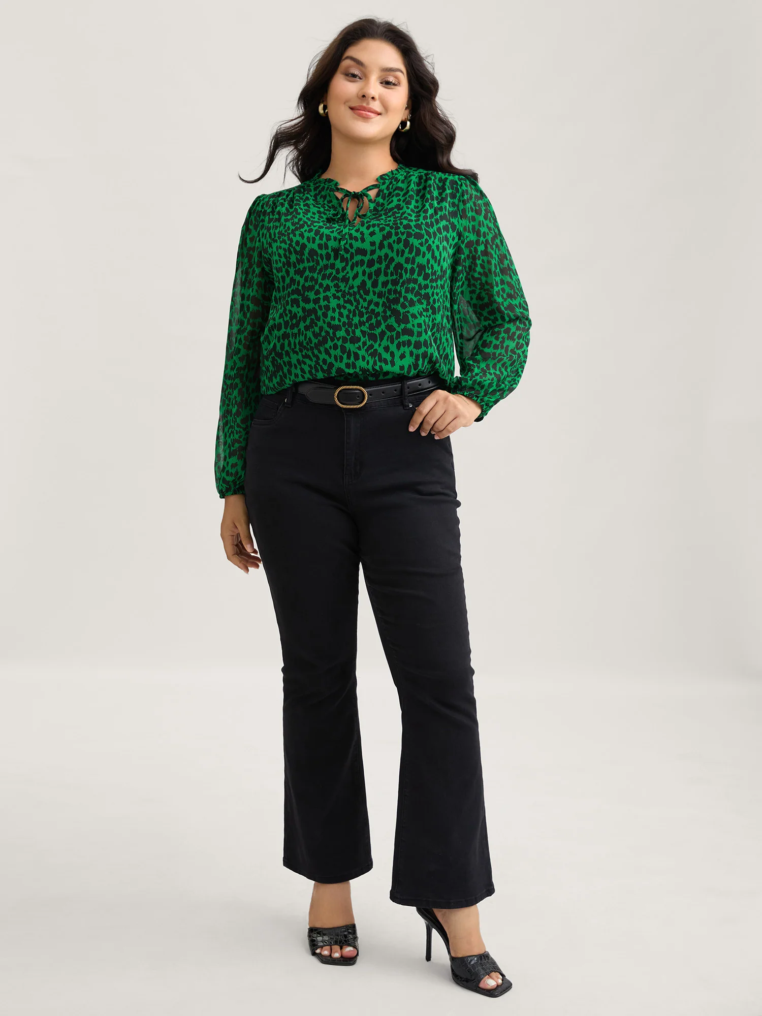Leopard Print Tie Knot Lantern Sleeve Blouse - Image 3