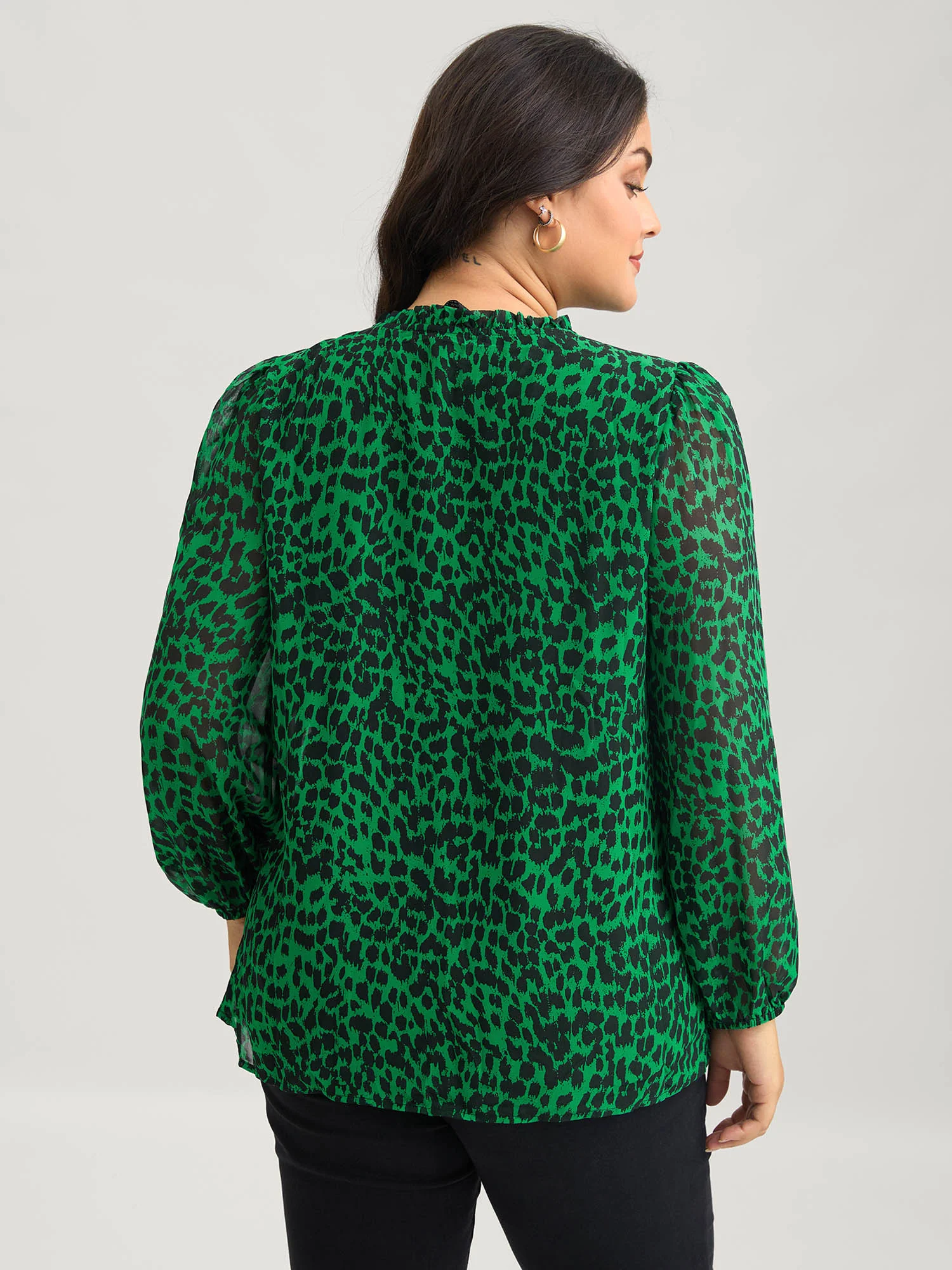 Leopard Print Tie Knot Lantern Sleeve Blouse - Image 4