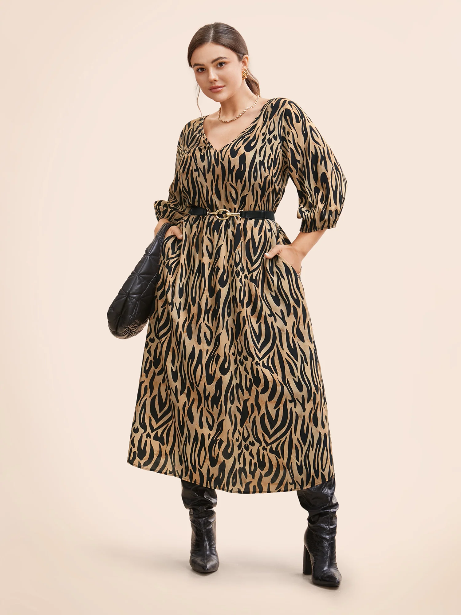 Leopard Print Tie Knot Lantern Sleeve Dress - Image 3