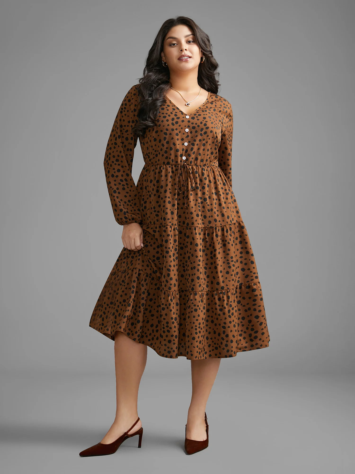Leopard Print Tie Knot Ruffle Layered Hem Dress - Image 2