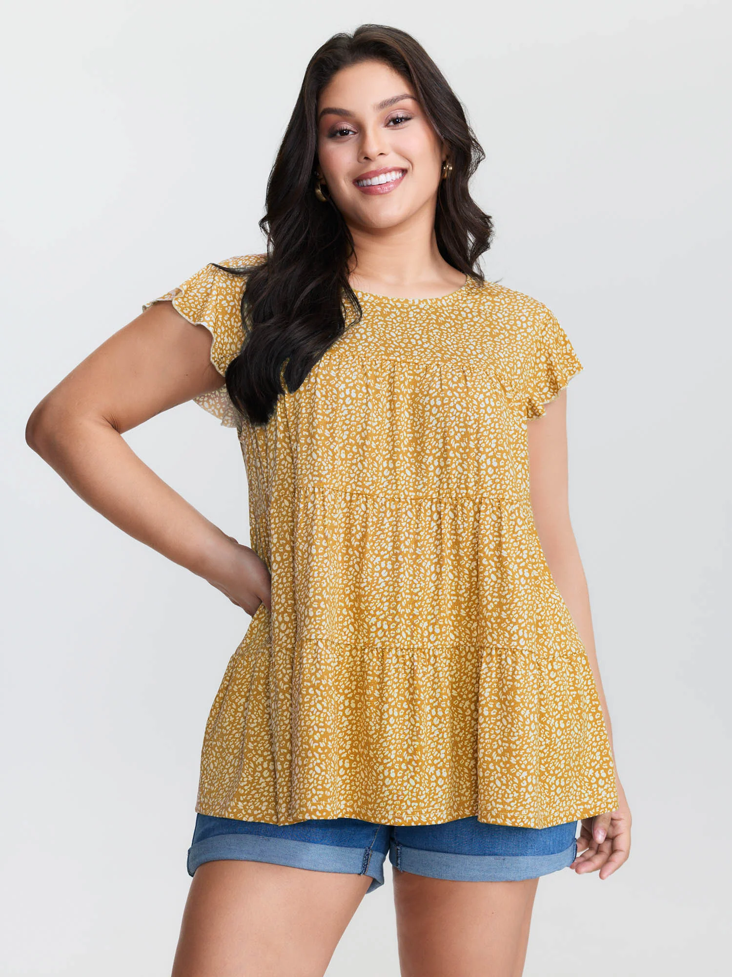 Leopard Print Tiered Flutter Sleeve Knit Top - Image 12