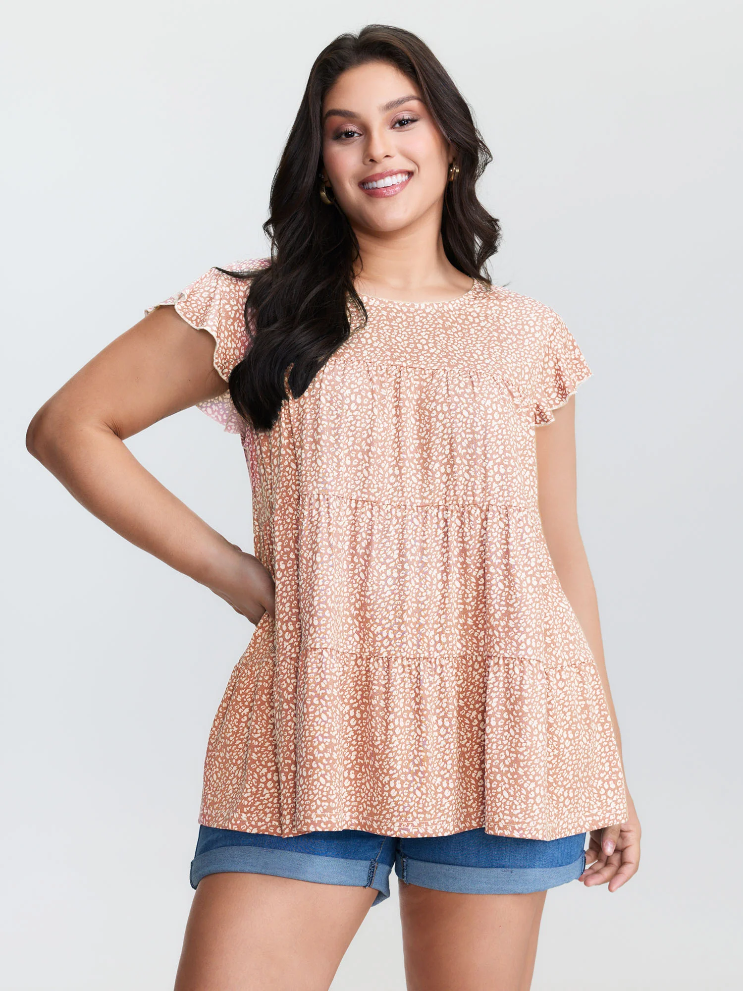Leopard Print Tiered Flutter Sleeve Knit Top - Image 8