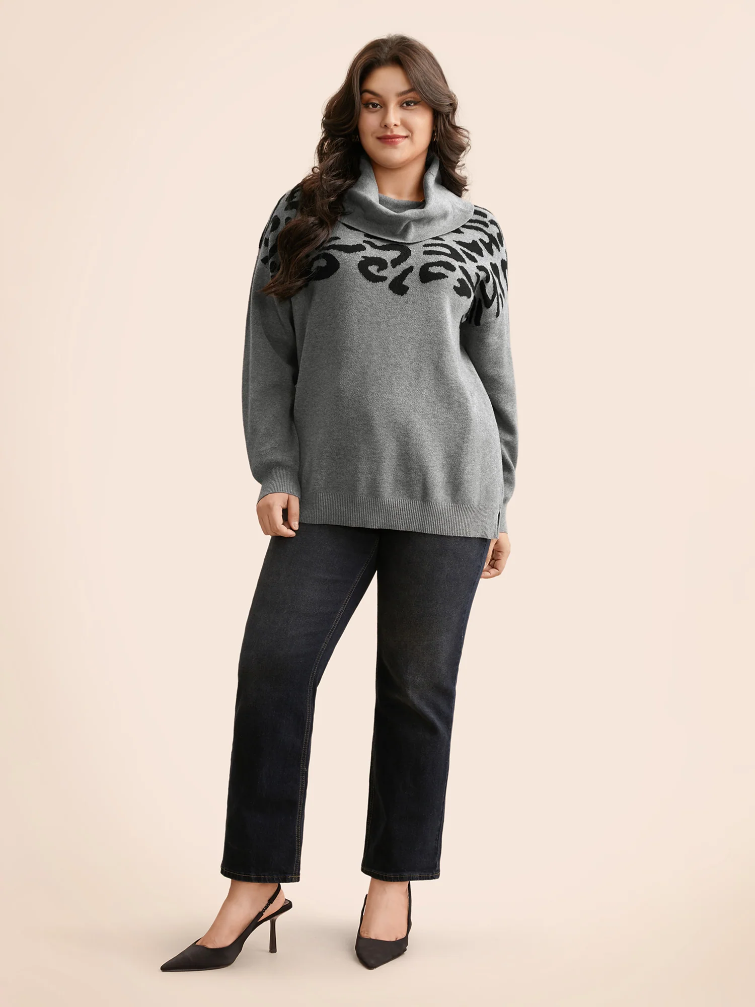 Leopard Print Turtleneck Drop Shoulder Sleeve Pullover - Image 3