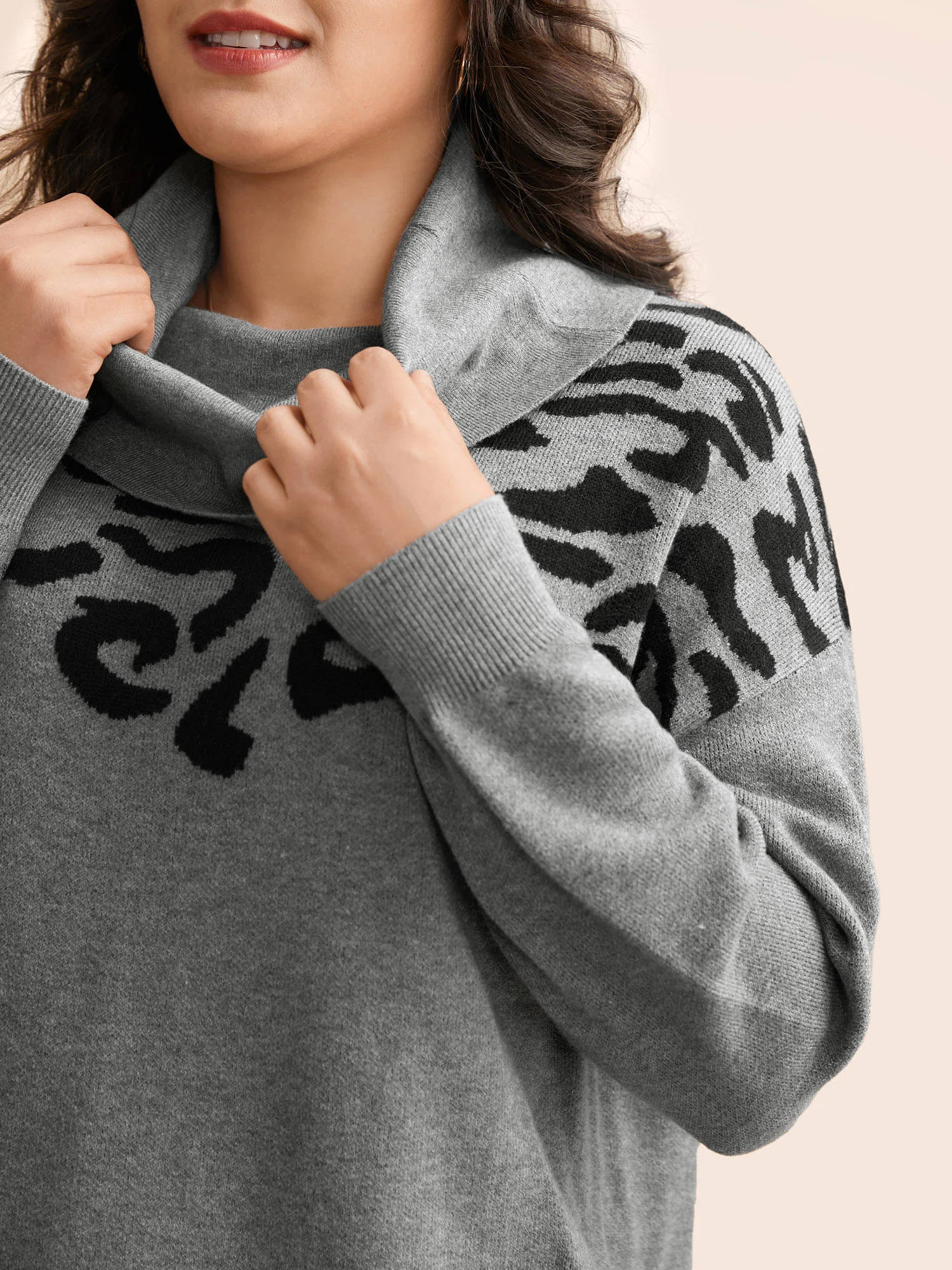 Leopard Print Turtleneck Drop Shoulder Sleeve Pullover - Image 4