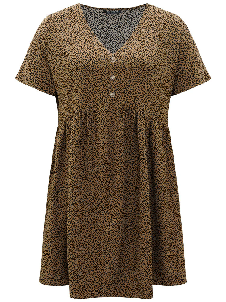 Leopard Print V Neck Button Detail Dolman Sleeve Dress - Image 10
