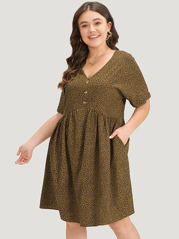 Leopard Print V Neck Button Detail Dolman Sleeve Dress - Image 2