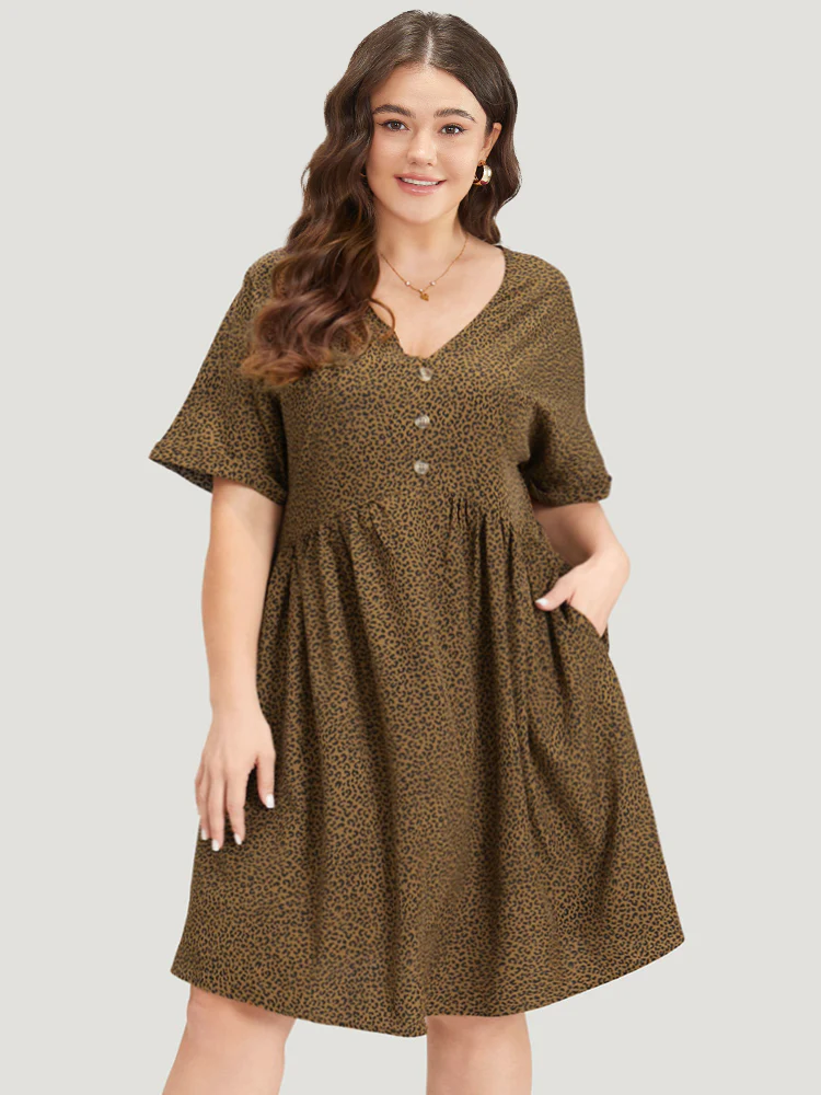 Leopard Print V Neck Button Detail Dolman Sleeve Dress - Image 3