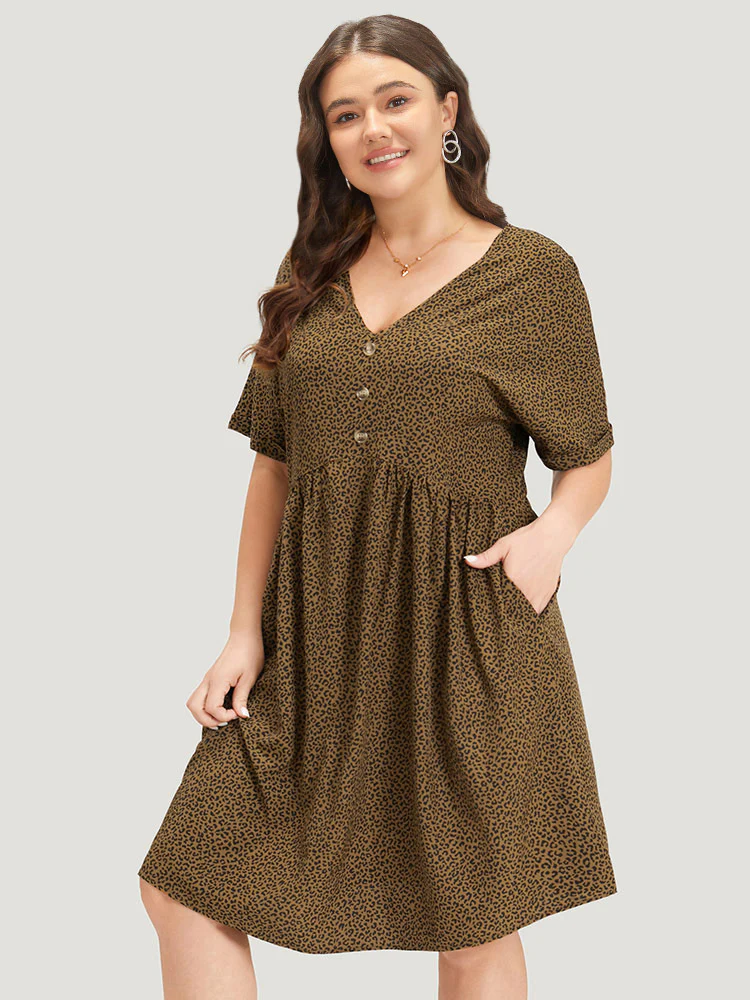 Leopard Print V Neck Button Detail Dolman Sleeve Dress - Image 4