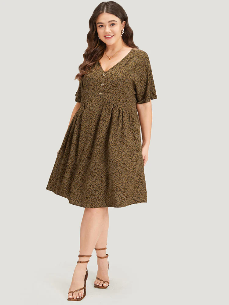 Leopard Print V Neck Button Detail Dolman Sleeve Dress - Image 5