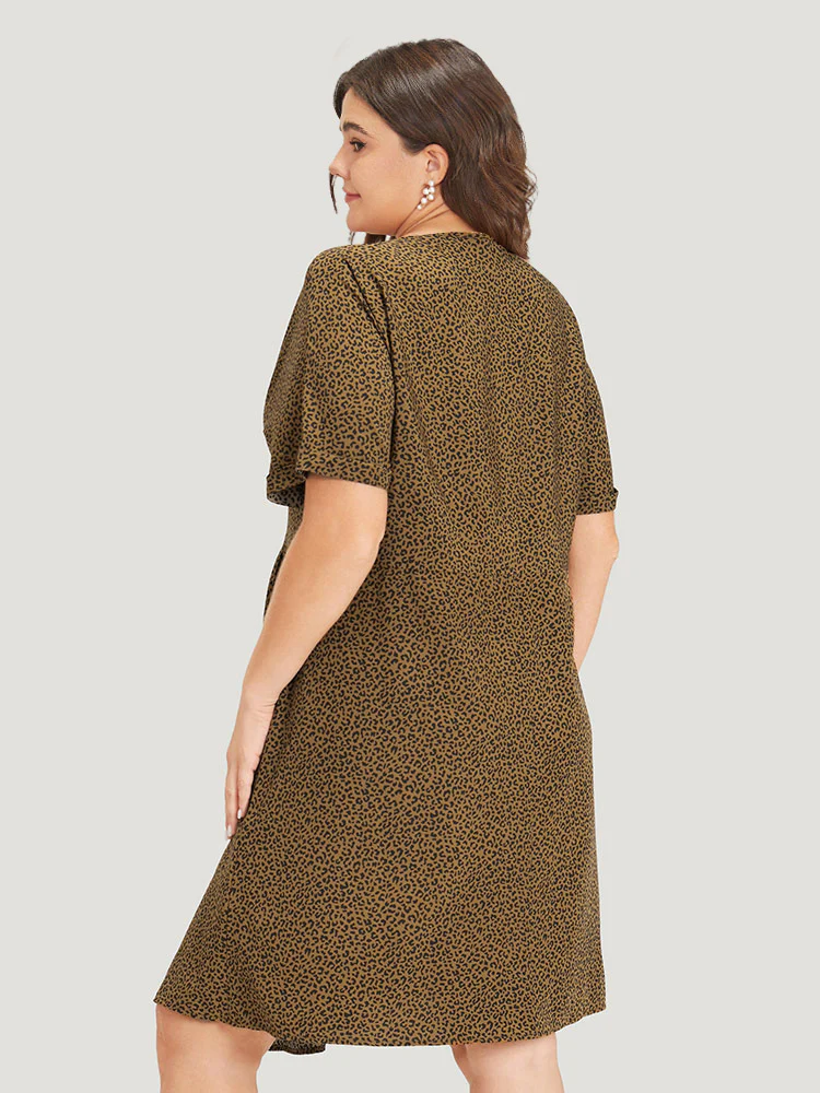 Leopard Print V Neck Button Detail Dolman Sleeve Dress - Image 6