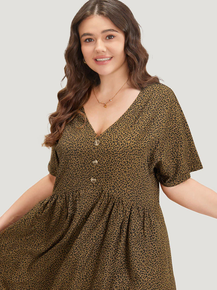 Leopard Print V Neck Button Detail Dolman Sleeve Dress - Image 7