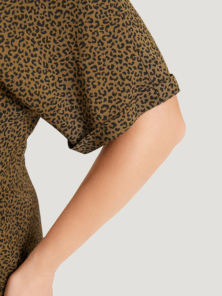 Leopard Print V Neck Button Detail Dolman Sleeve Dress - Image 9