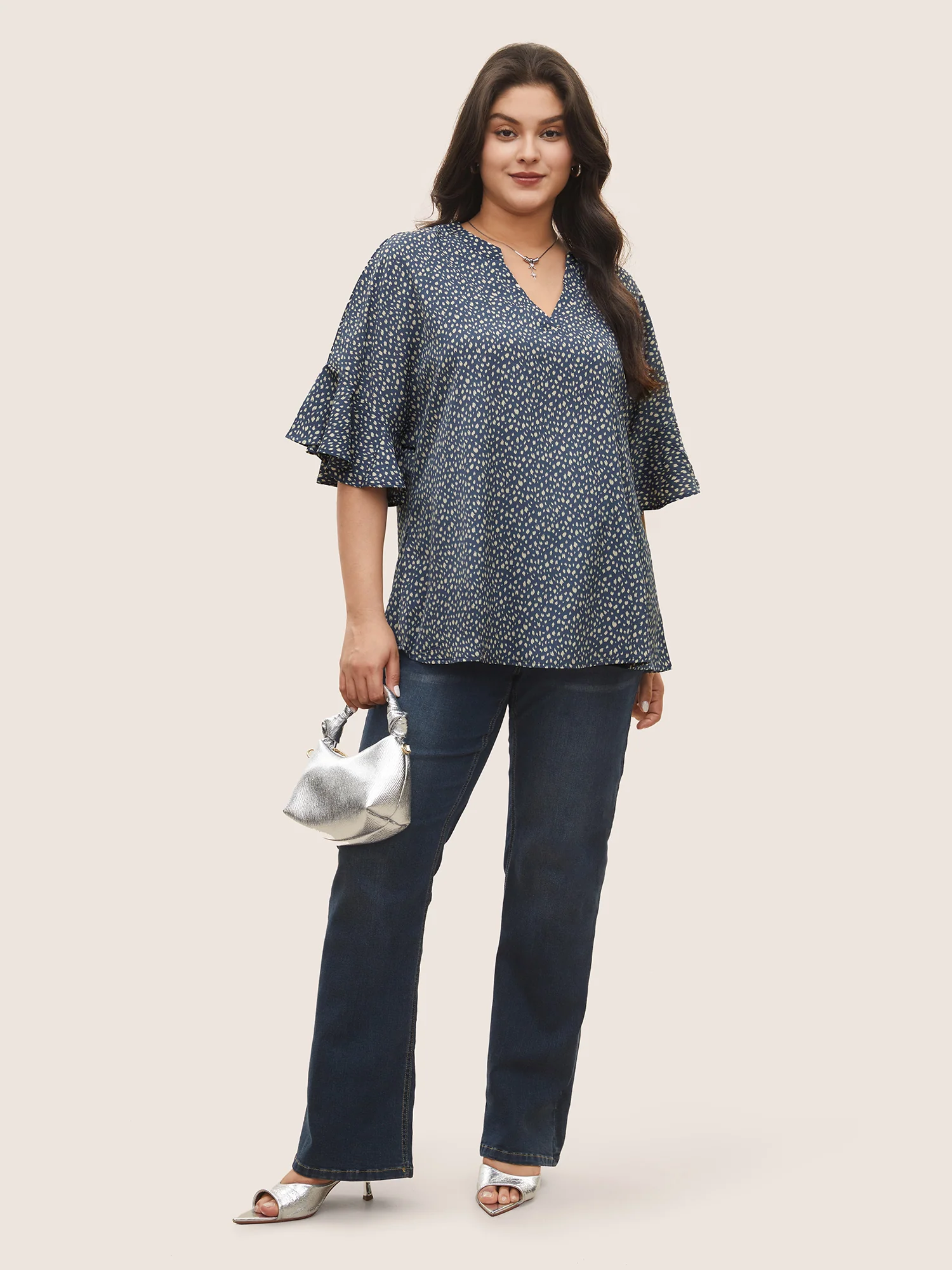 Leopard Print V Neck Ruffle Sleeve Blouse - Image 2