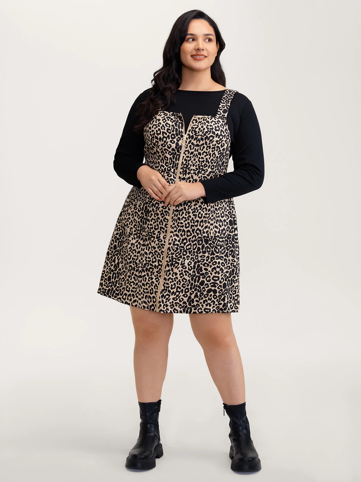 Leopard Print Zipper Front Knee-Length Dress - Image 3