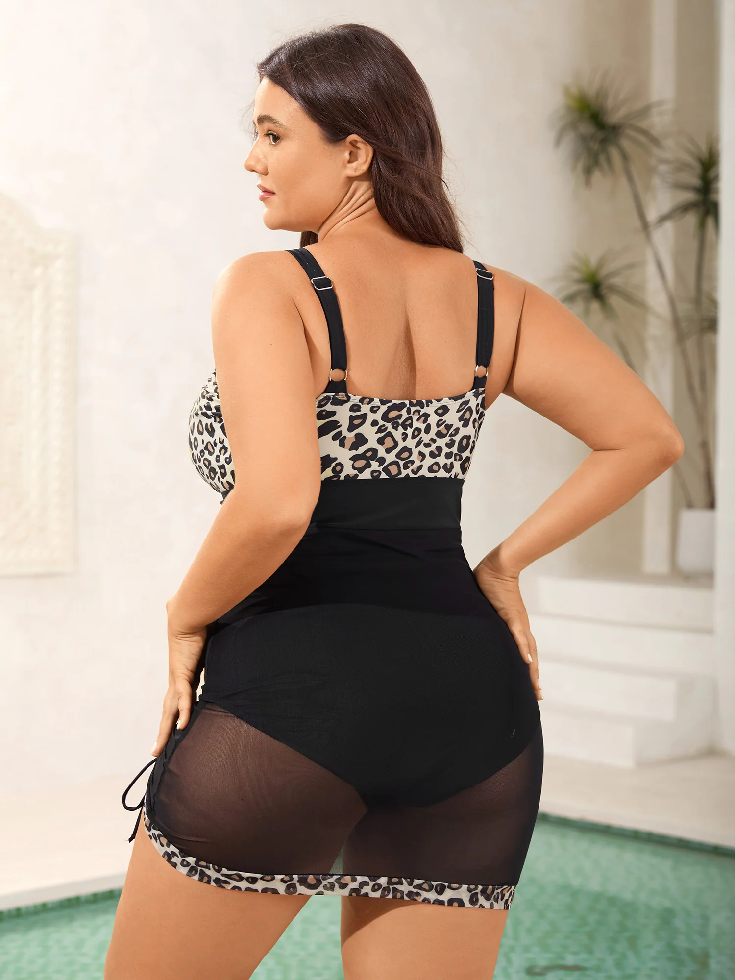 Leopard Sheer Ruched Drawstring Swim Dress - Image 2