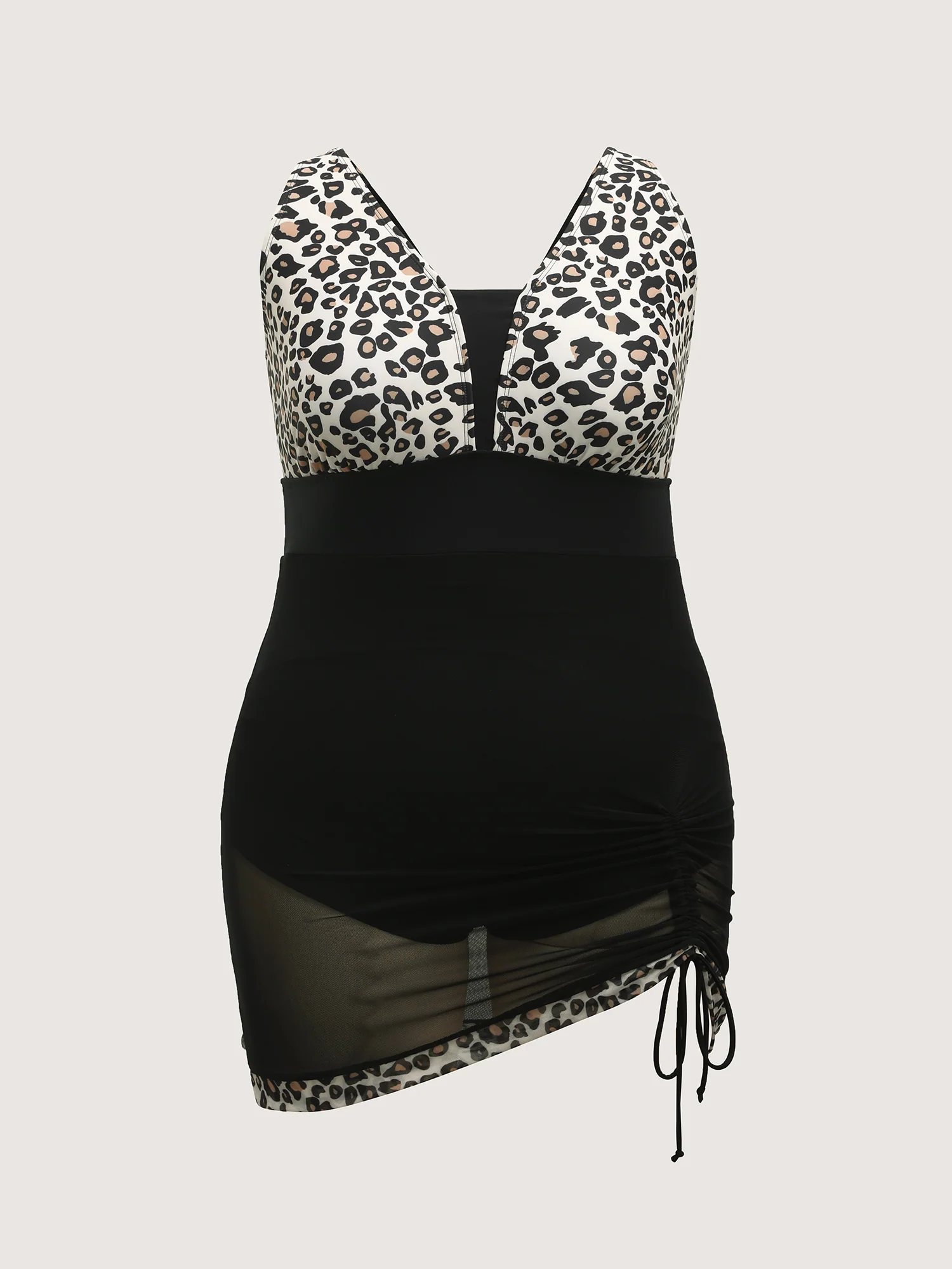 Leopard Sheer Ruched Drawstring Swim Dress - Image 9