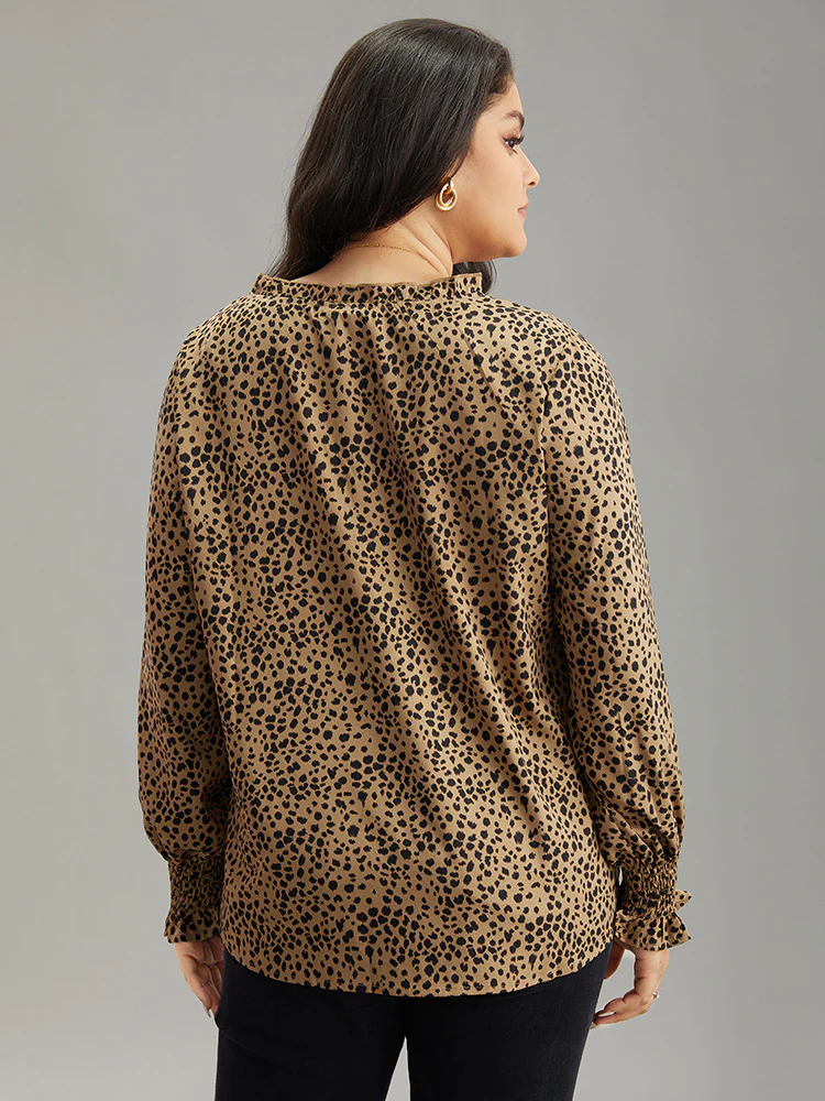 Leopard Shirred Notched Lantern Sleeve Blouse - Image 4