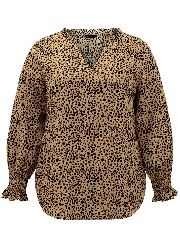 Leopard Shirred Notched Lantern Sleeve Blouse - Image 7